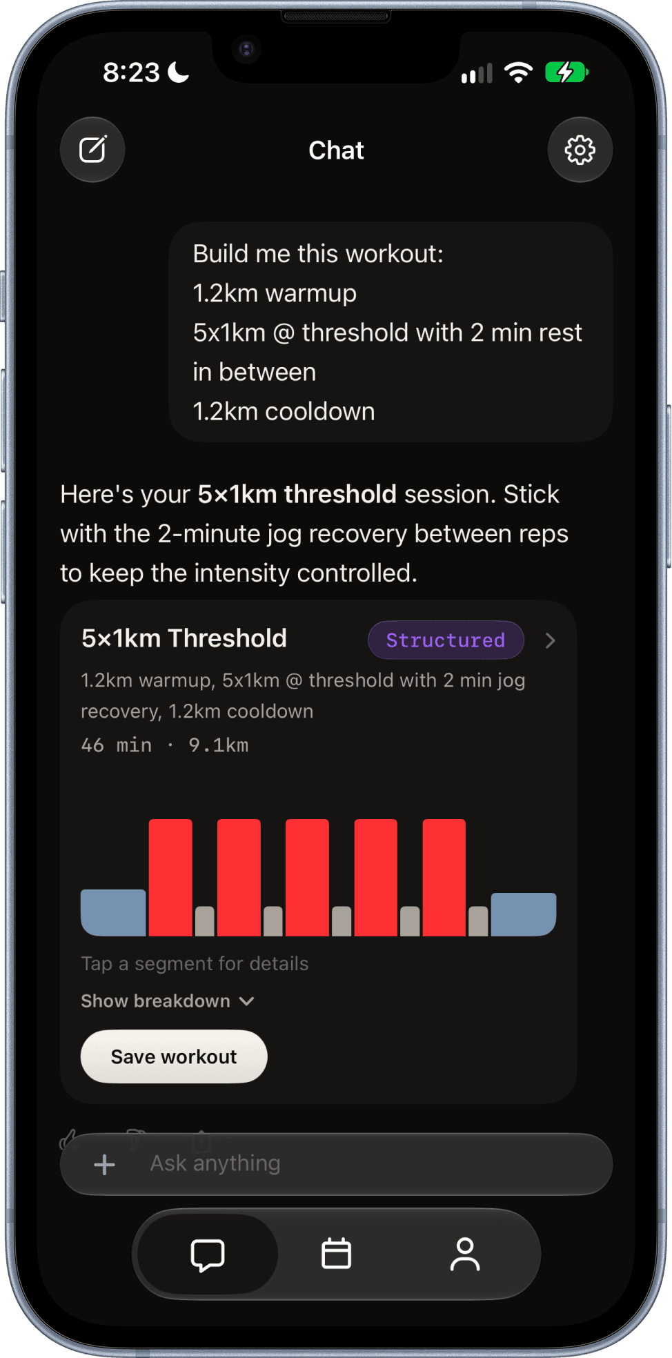 Paceboard chat turning a plain-English prompt into a structured running session
