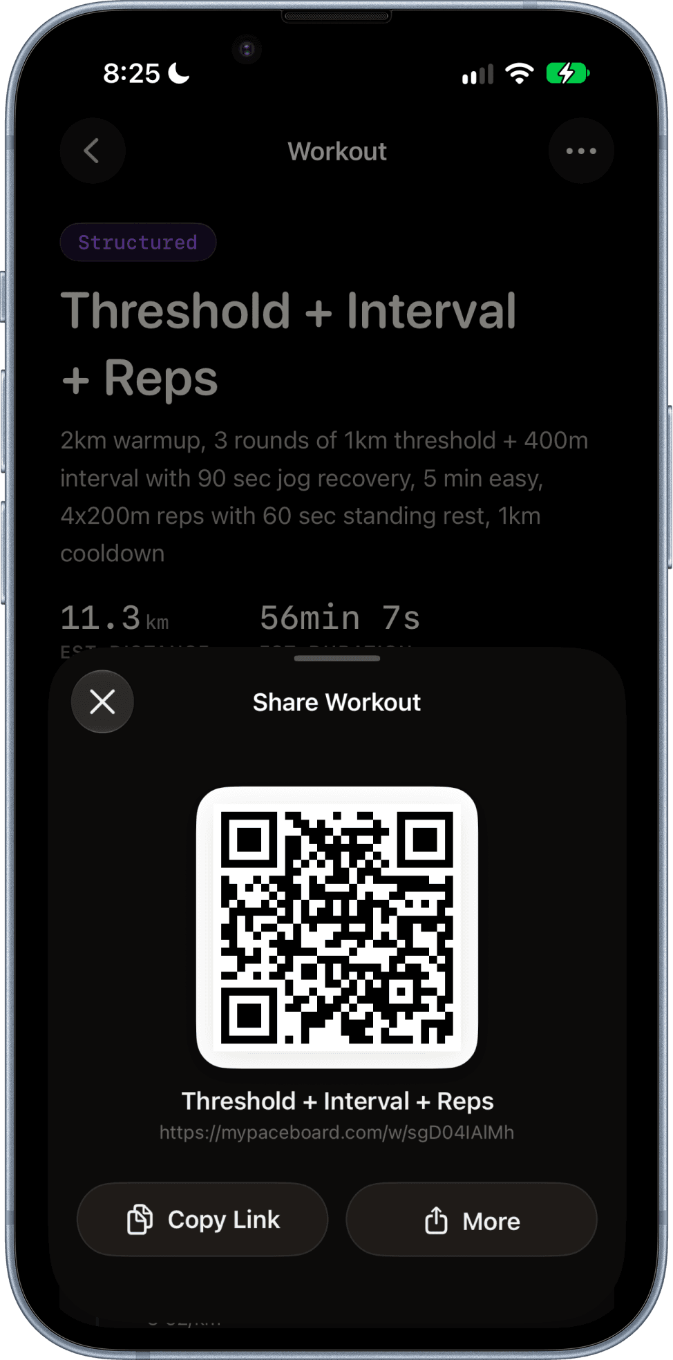 Paceboard share sheet showing a workout QR code and shareable link