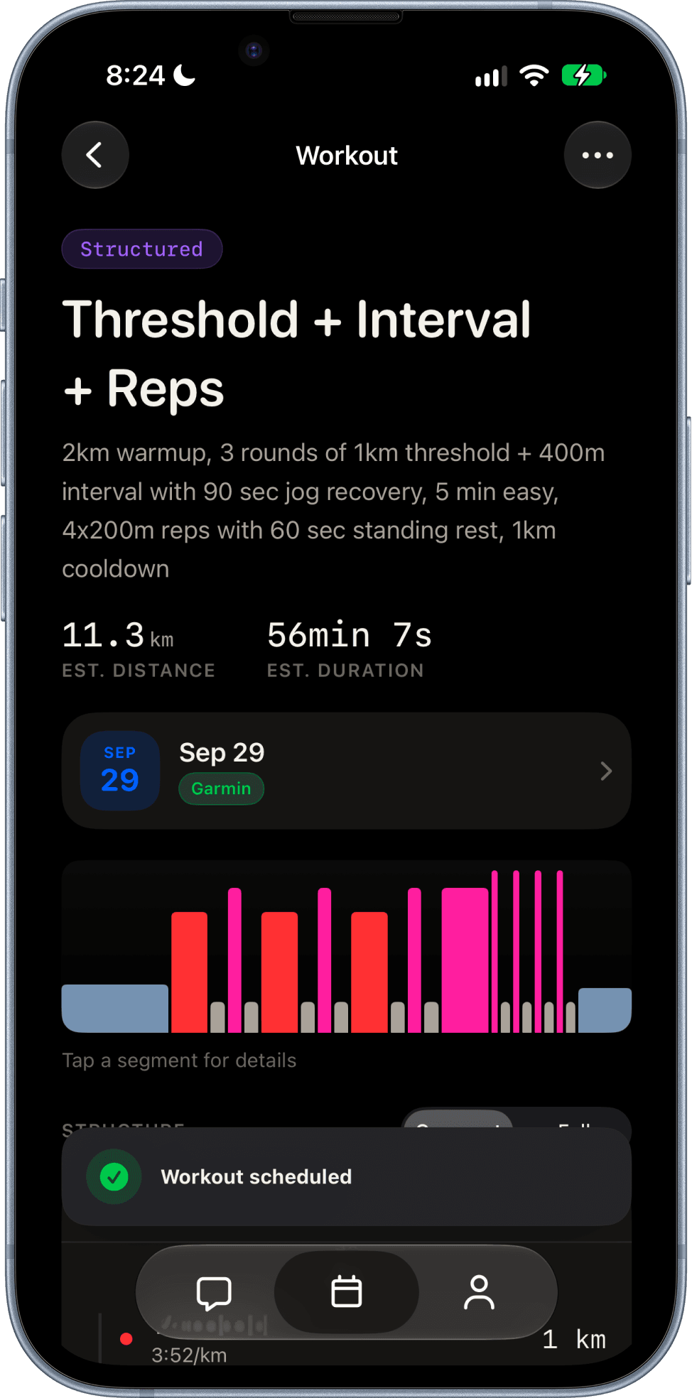 Paceboard workout detail showing warmup, threshold repeats, and recovery with pace targets