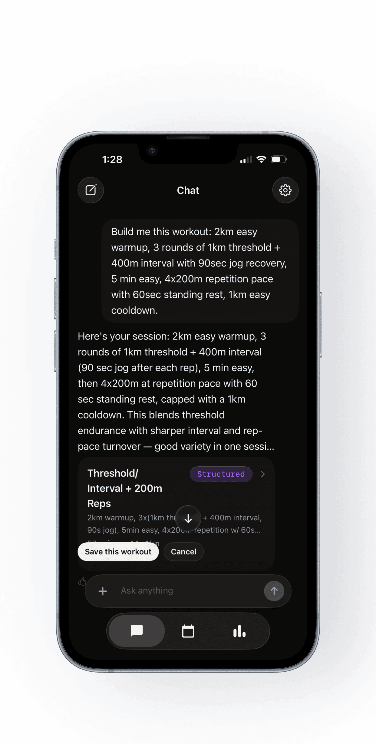Paceboard chat turning a plain-English prompt into a structured running session