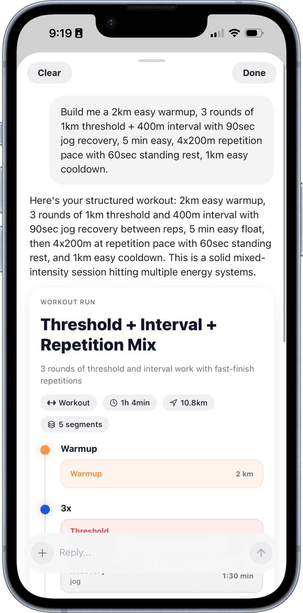 Paceboard chat generating a 5x1km threshold workout from a plain-English prompt