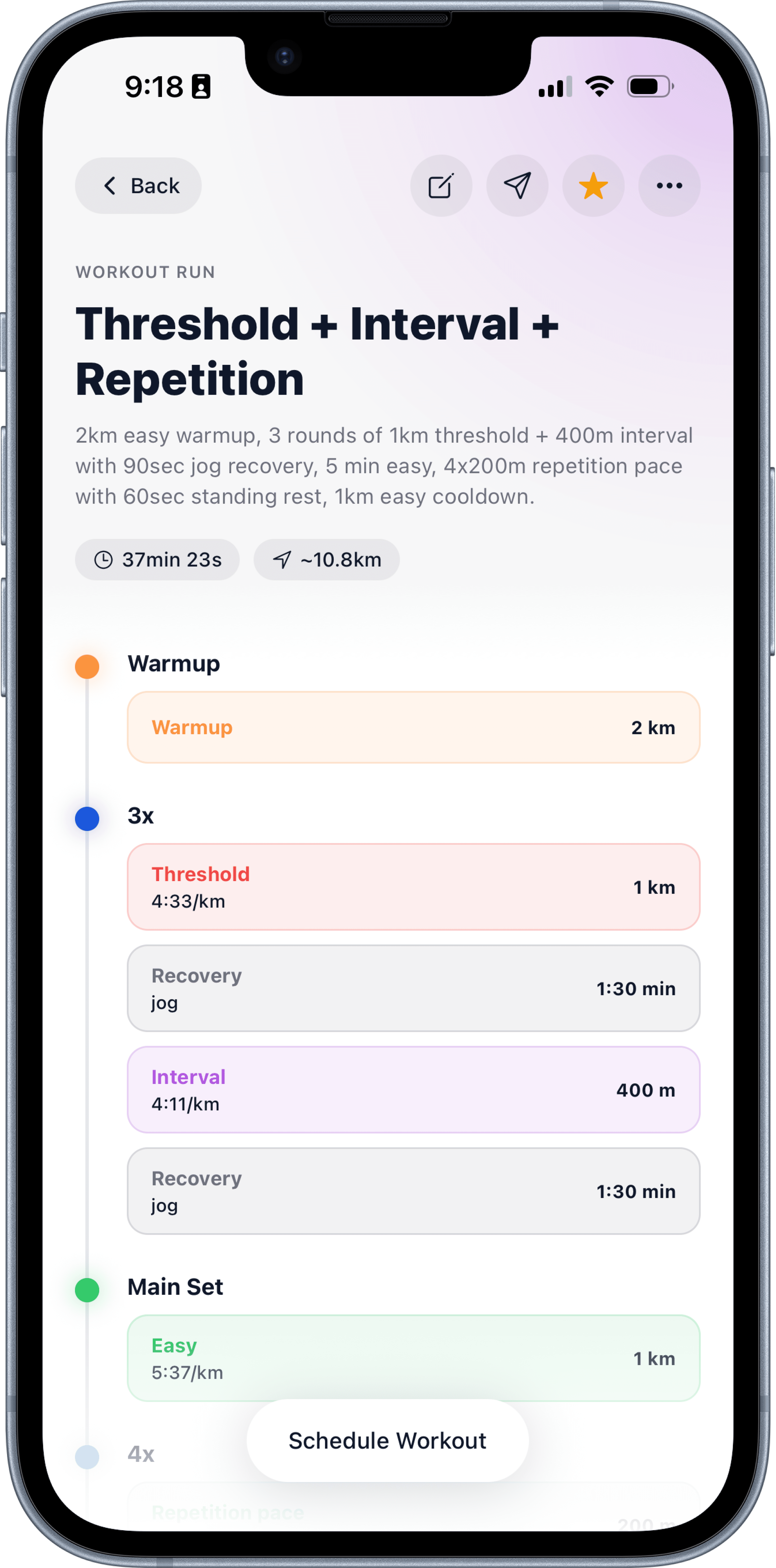 Paceboard workout details page showing mixed intervals with pace zones