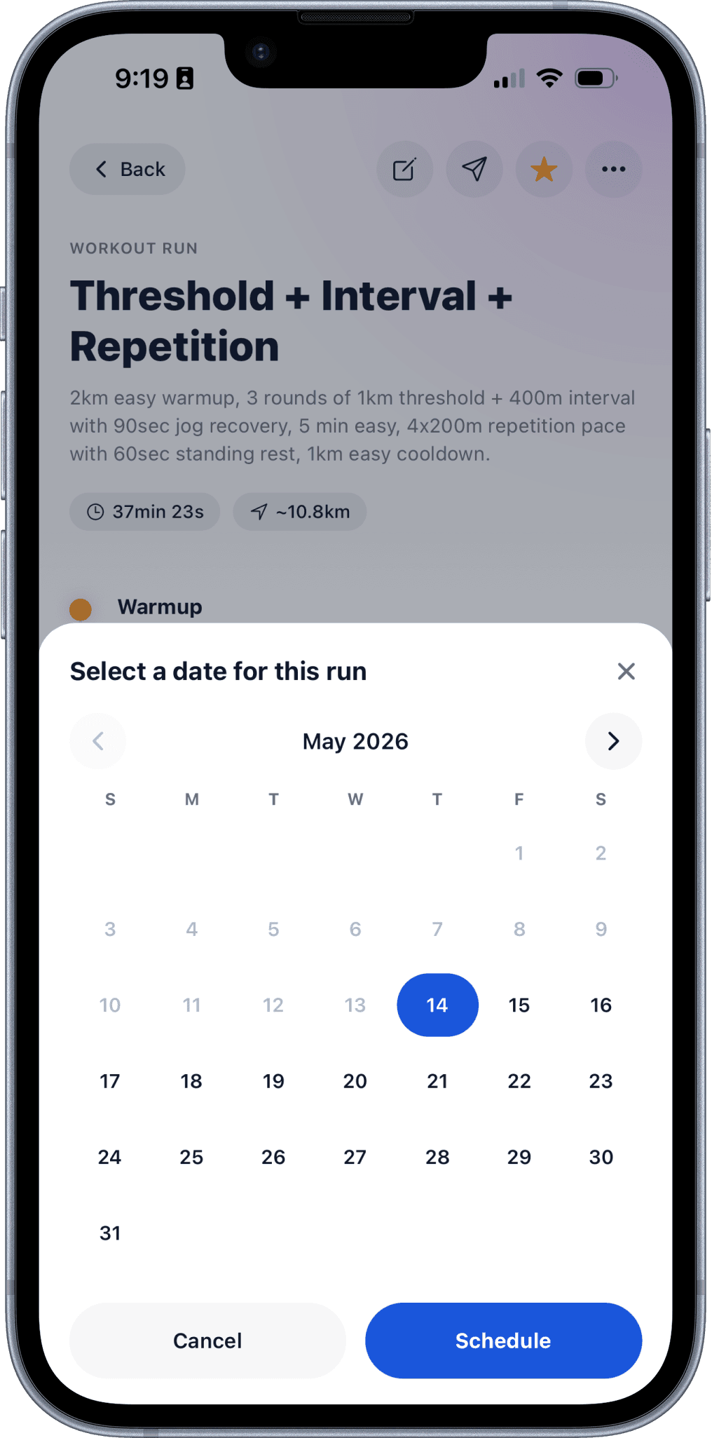 Paceboard workout scheduling with a calendar date picker