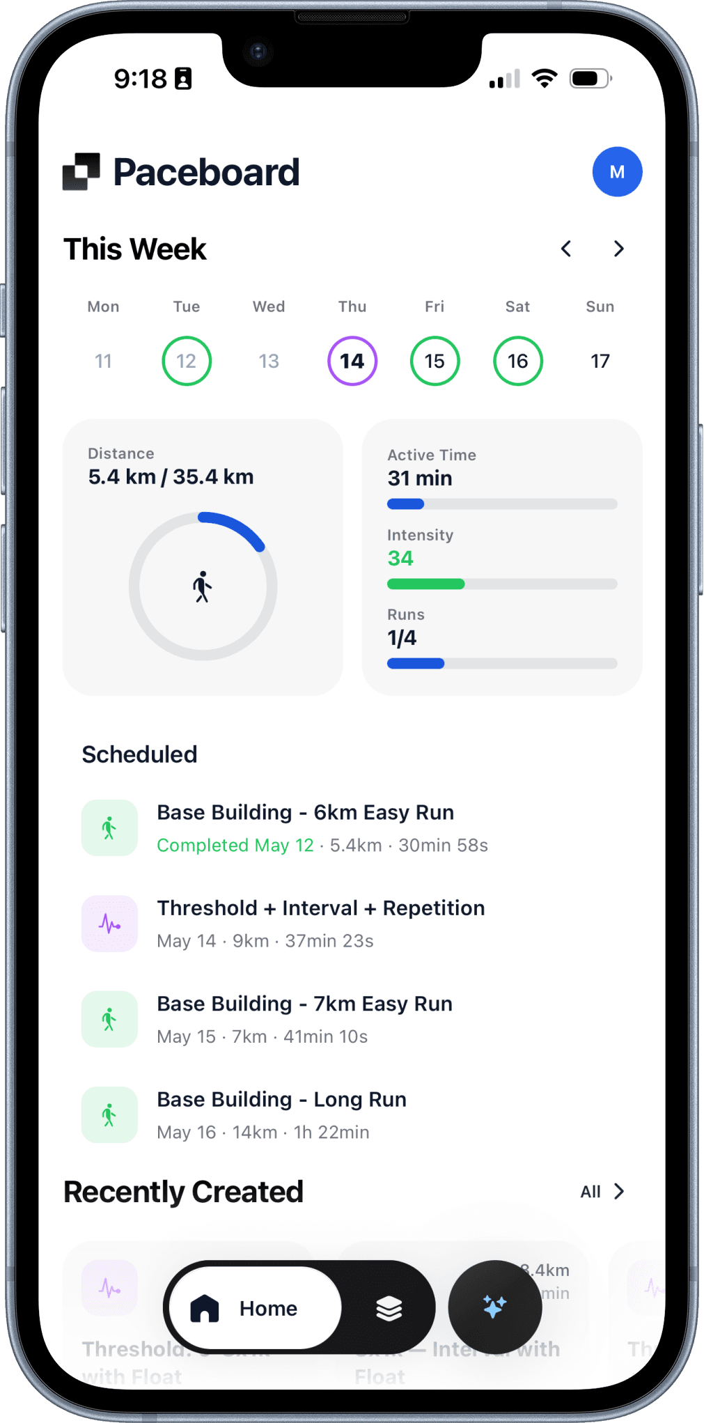 Paceboard home screen showing weekly training summary and scheduled runs