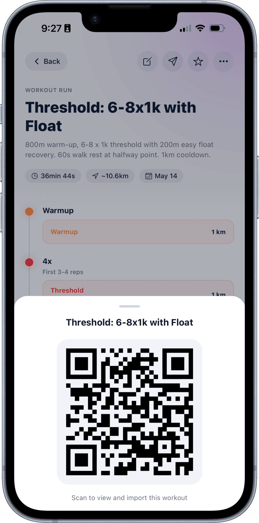 Paceboard share sheet showing a workout link and QR code